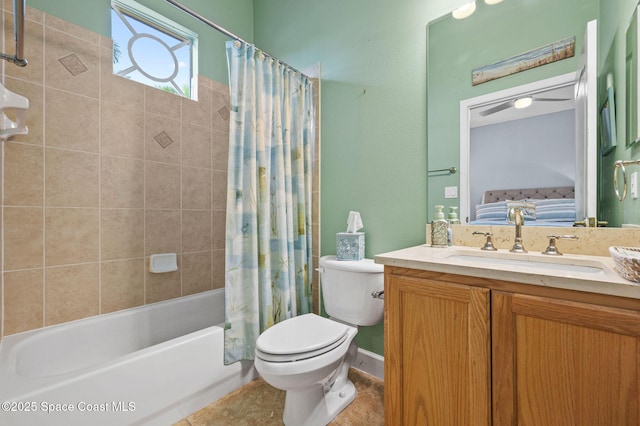 ensuite bathroom with vanity, shower / tub combo, ensuite bath, and toilet