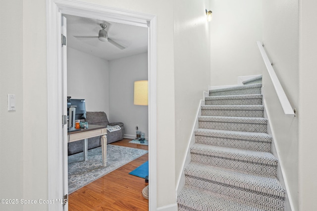 stairway featuring ceiling fan, baseboards, and wood finished floors