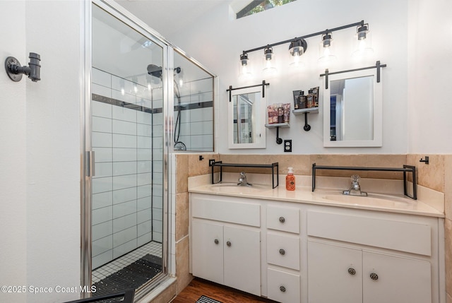 bathroom featuring vanity and a shower with shower door