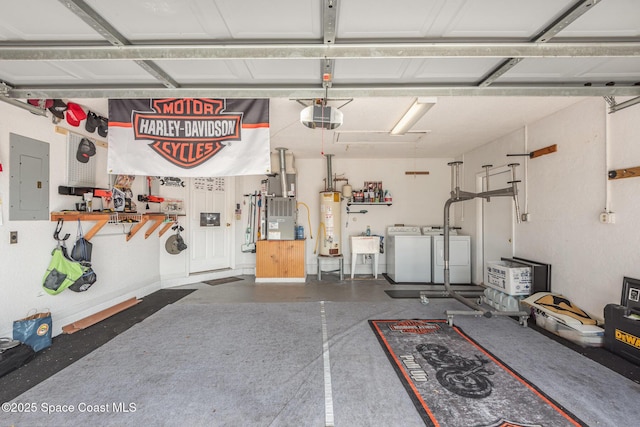 garage featuring a garage door opener, water heater, electric panel, heating unit, and washer and dryer