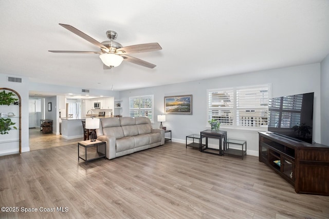 living area with a ceiling fan, visible vents, light wood-style flooring, and baseboards