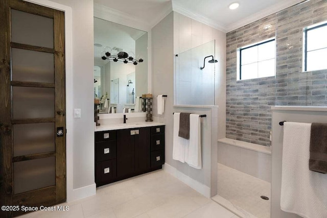 bathroom featuring crown molding, a shower, and vanity