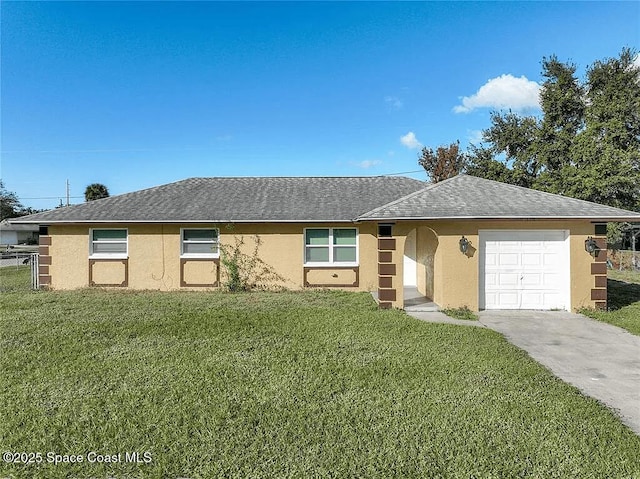 ranch-style house with a garage and a front lawn