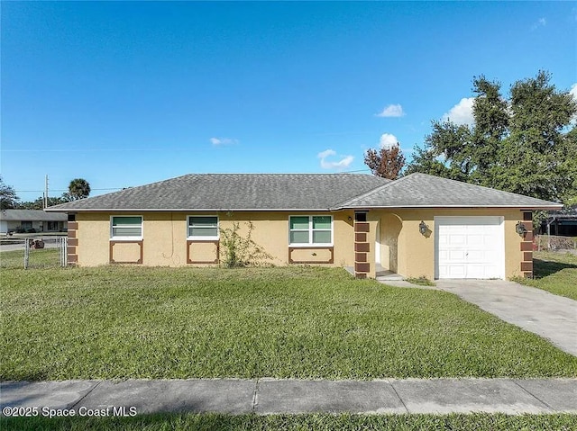 ranch-style house with a garage and a front yard