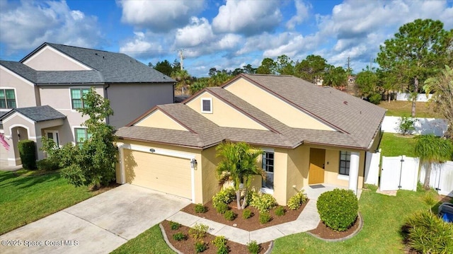 view of front of property with a garage and a front lawn