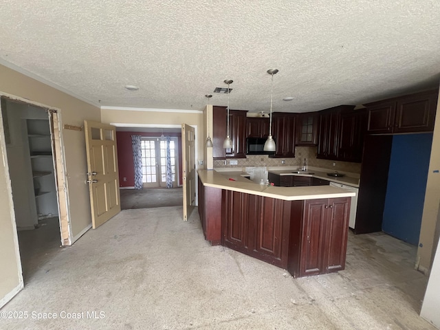 kitchen with french doors, sink, crown molding, kitchen peninsula, and pendant lighting