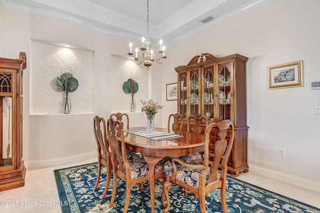 dining room featuring light tile patterned floors, an inviting chandelier, visible vents, and crown molding