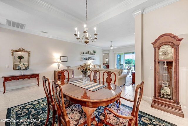 dining space featuring light tile patterned floors, baseboards, visible vents, crown molding, and ceiling fan with notable chandelier