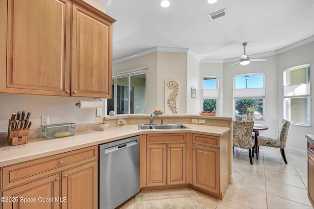 kitchen with visible vents, stainless steel dishwasher, ornamental molding, a sink, and a peninsula