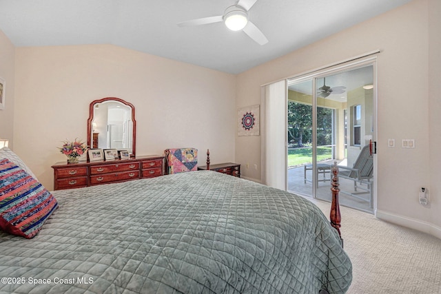 bedroom featuring access to exterior, carpet floors, lofted ceiling, a ceiling fan, and baseboards