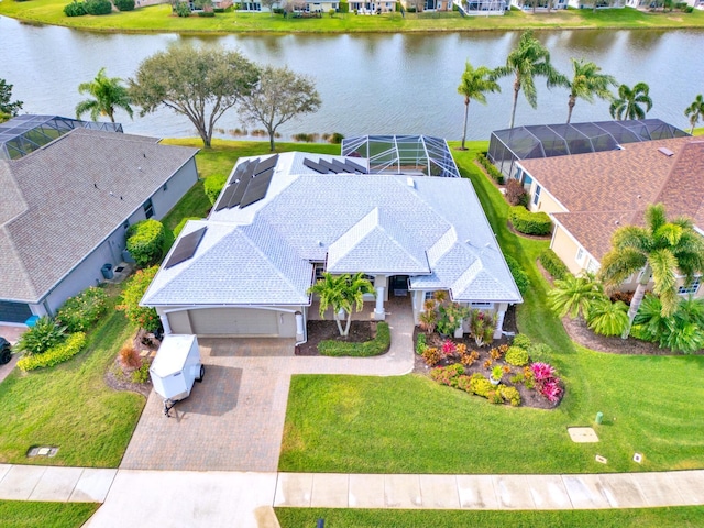 aerial view featuring a water view