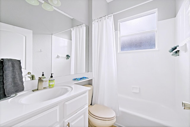 full bathroom with vanity, shower / bathtub combination with curtain, and toilet