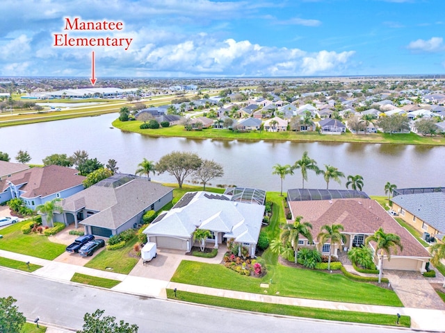 aerial view featuring a water view