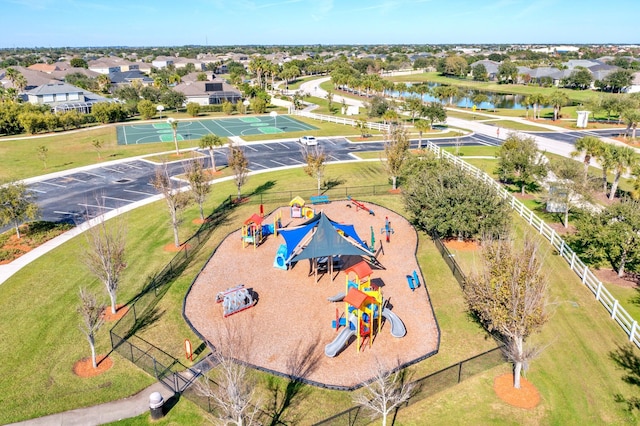 drone / aerial view featuring a water view