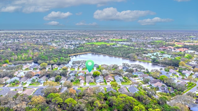 drone / aerial view featuring a water view