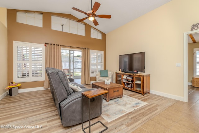 living room featuring light wood-type flooring, high vaulted ceiling, and ceiling fan