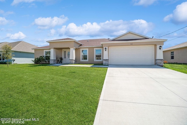 view of front of property featuring stucco siding, a garage, concrete driveway, and a front yard