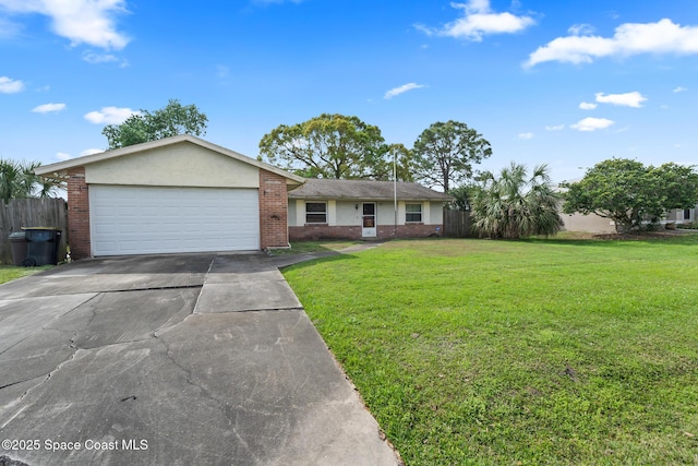 single story home with a garage and a front lawn