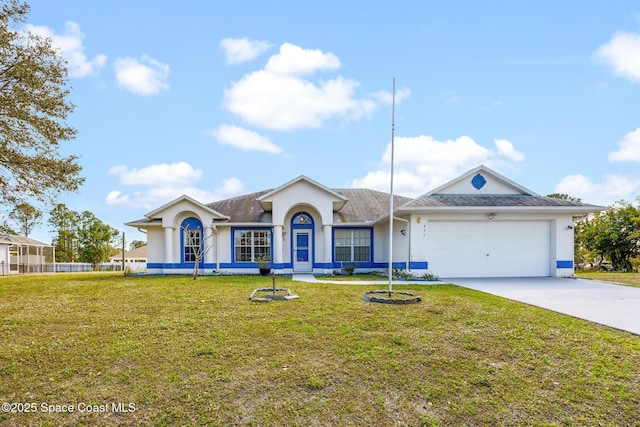 ranch-style home with a garage and a front lawn