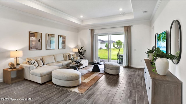 living room with crown molding and a tray ceiling