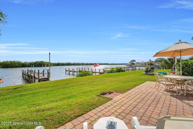 view of patio / terrace with a water view and a boat dock