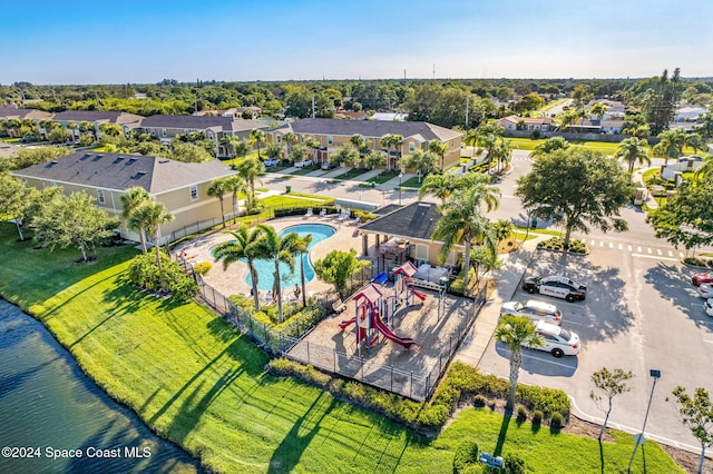 drone / aerial view featuring a water view