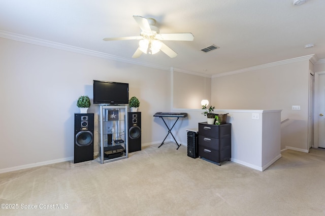 interior space with crown molding, light colored carpet, and ceiling fan