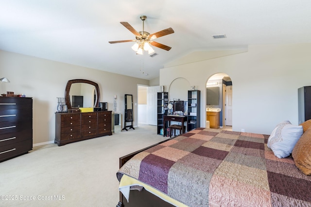 carpeted bedroom with lofted ceiling and ceiling fan