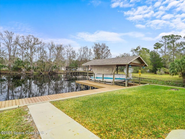 dock area featuring a water view and a yard