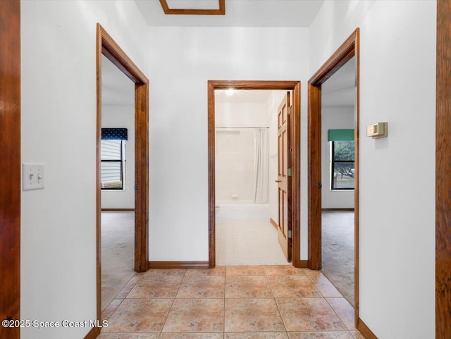 hallway featuring plenty of natural light and light carpet