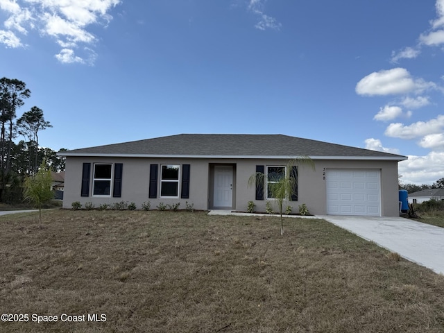 ranch-style home with a garage and a front yard