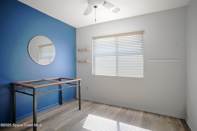 interior space featuring ceiling fan, light hardwood / wood-style floors, and a textured ceiling