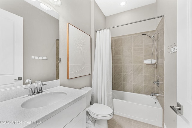 full bathroom with shower / tub combo with curtain, vanity, toilet, and tile patterned flooring