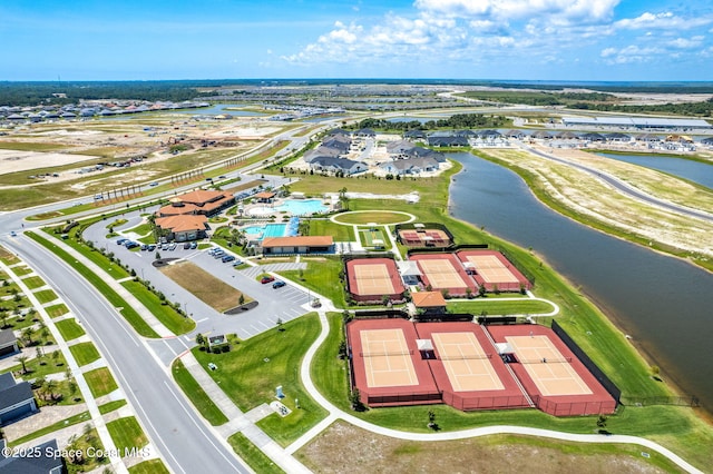 drone / aerial view with a water view