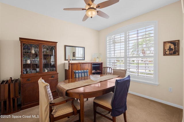 dining area featuring ceiling fan and carpet floors