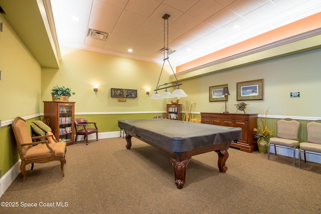 recreation room featuring crown molding, pool table, and carpet floors