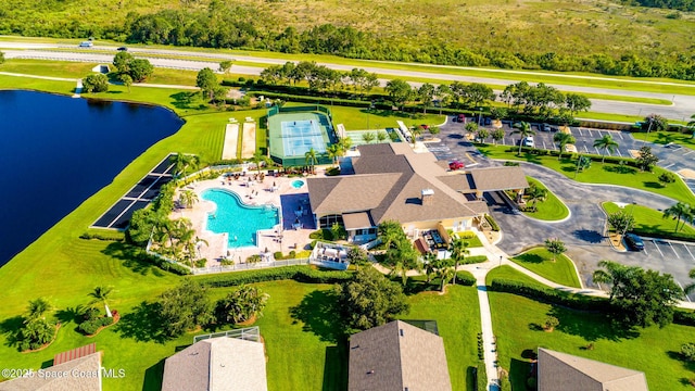 aerial view featuring a water view