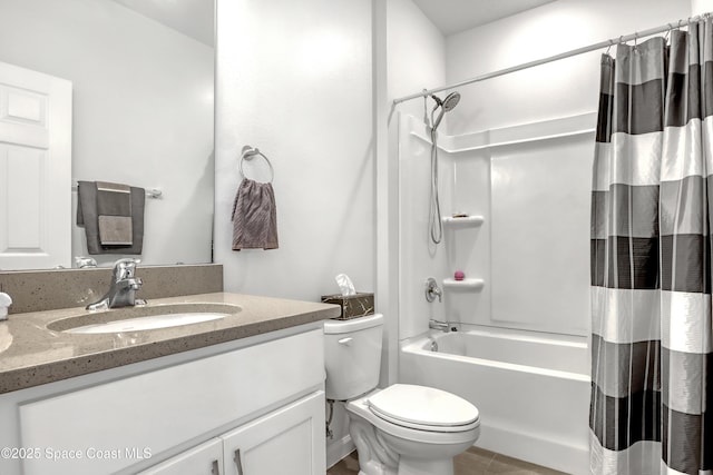 full bathroom with vanity, shower / bath combination with curtain, and toilet