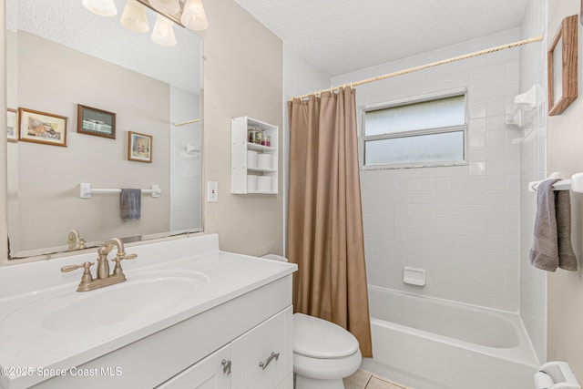 bathroom featuring a textured ceiling, toilet, vanity, tile patterned floors, and shower / bath combination with curtain