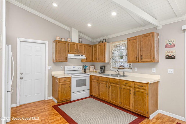 kitchen with lofted ceiling with beams, under cabinet range hood, white appliances, a sink, and light countertops