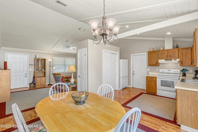 dining room featuring lofted ceiling with beams, recessed lighting, ceiling fan with notable chandelier, visible vents, and light wood finished floors