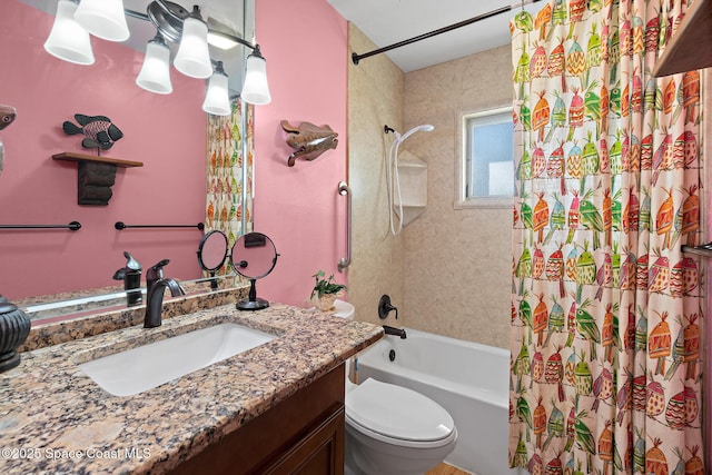 full bathroom with vanity, toilet, and shower / bathtub combination with curtain