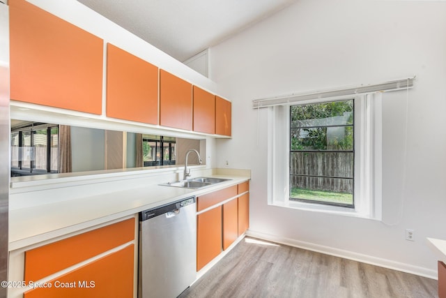 kitchen with a sink, plenty of natural light, light countertops, and dishwasher