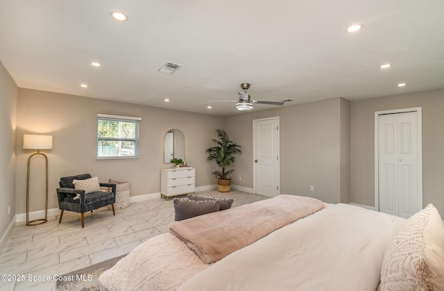 bedroom with visible vents, baseboards, ceiling fan, recessed lighting, and marble finish floor