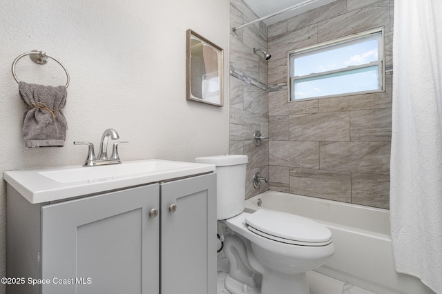 full bathroom with shower / bathtub combination with curtain, toilet, and vanity