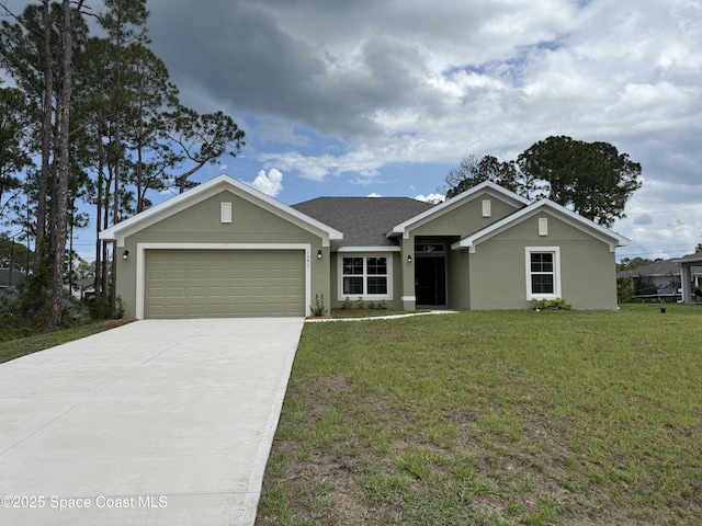 1581 San Filippo Dr SE, Palm Bay, FL 32909 - ranch-style home featuring a garage, stucco siding, concrete driveway, and a front lawn