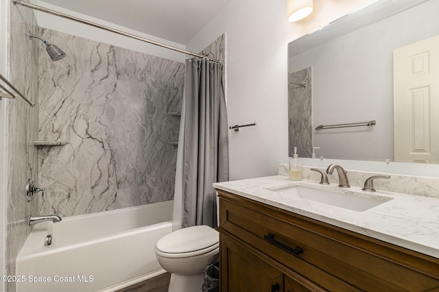 bathroom with toilet, shower / tub combo, and vanity