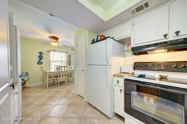 kitchen with white cabinetry, light tile patterned floors, white refrigerator, range with electric stovetop, and ceiling fan