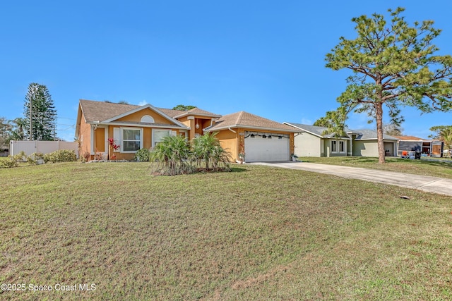 single story home with a garage and a front lawn