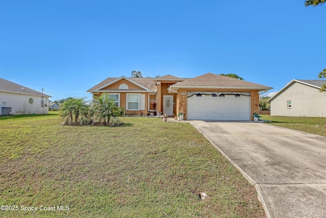 view of front of house featuring a garage, central air condition unit, and a front lawn